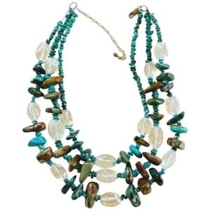 Necklace VTG Natural Turquoise Rock Crystal Quartz Beaded Sterling .925 Bib BOHO